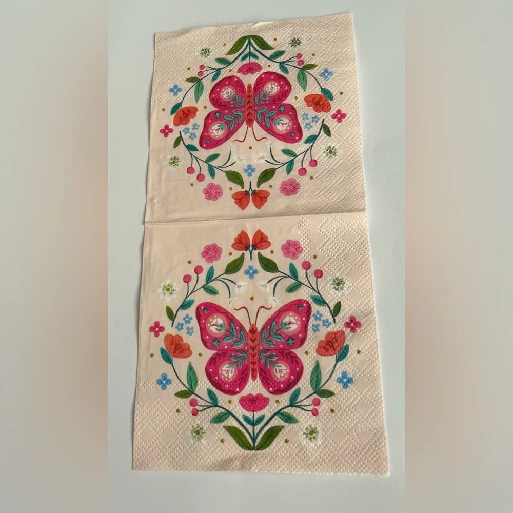 New 40 Pink Paper Beverage Napkins Clementine Butterflies Flowers Leaves